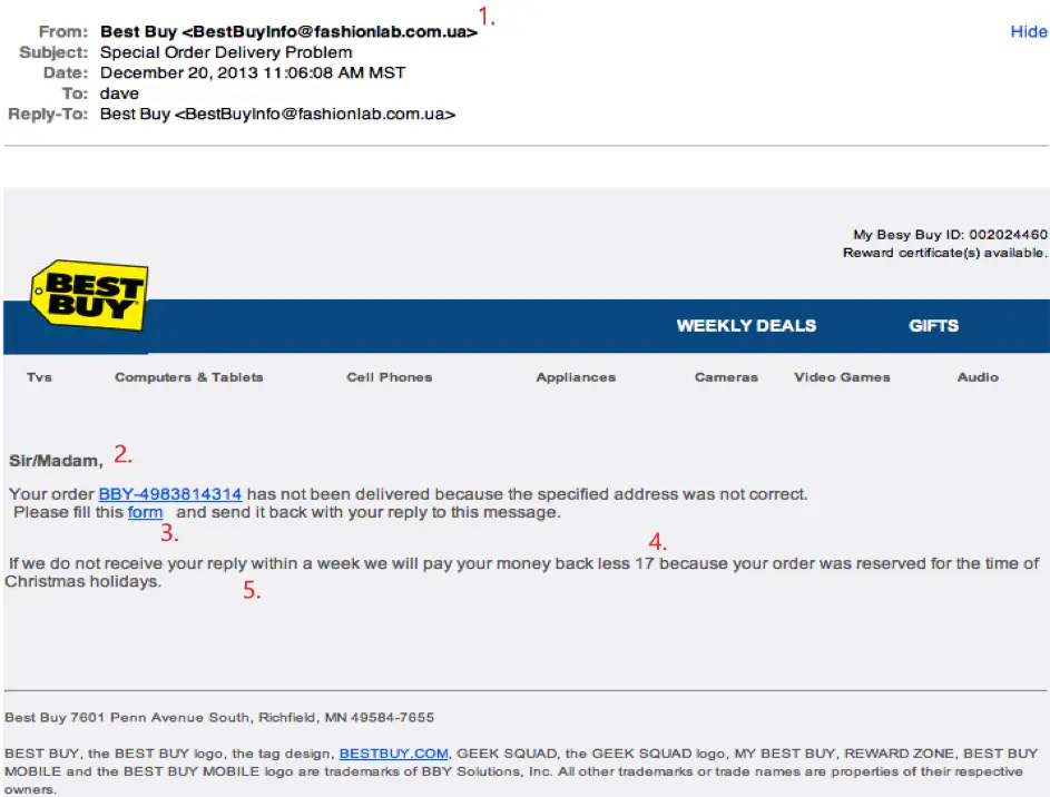 screenshot of a phishing email